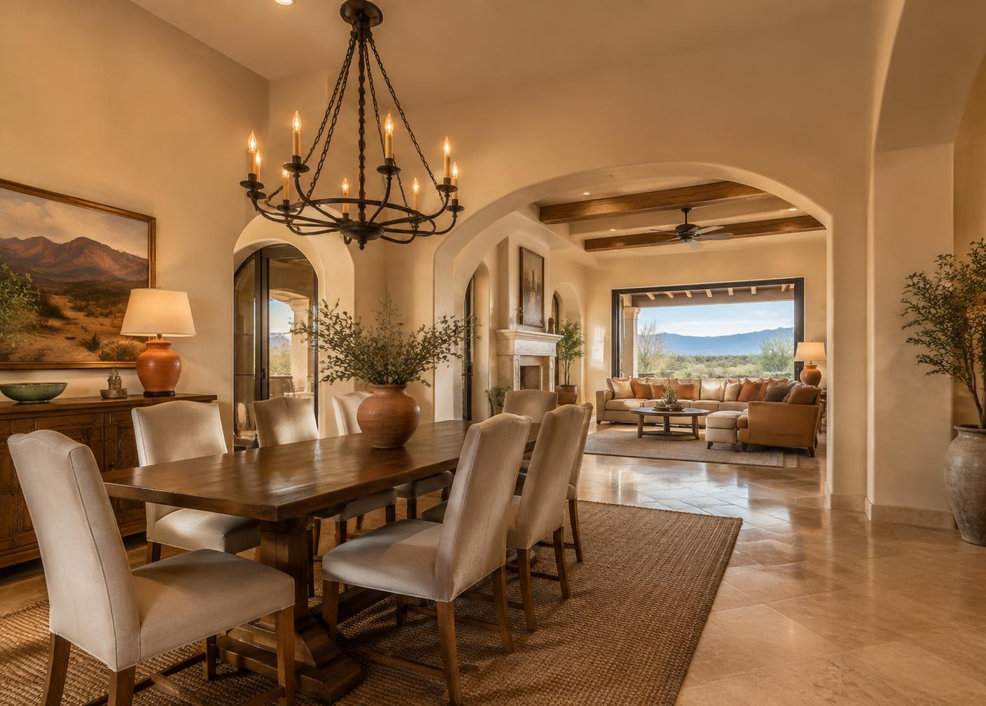 Elegant dining room with desert view